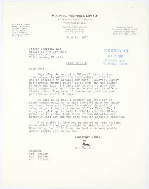 Correspondence Relating to a Proposed Disney Theme for Homecoming at the University of Florida, 1966