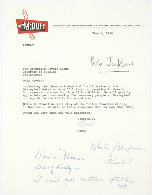 Letter from Romie Thomas to Governor Haydon Burns Requesting VIP Courtesies at Disneyland, June 1, 1966