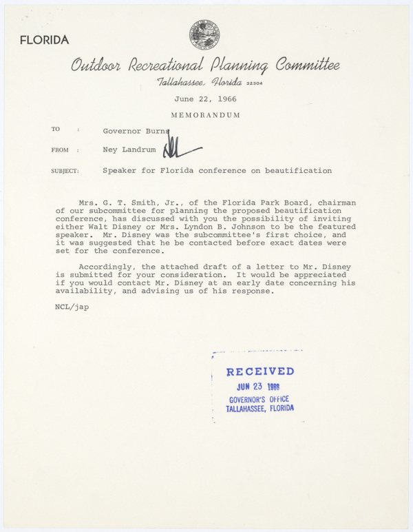 Correspondence Regarding an Invitation to Walt Disney to Speak at a State Conference on Beautification, 1966