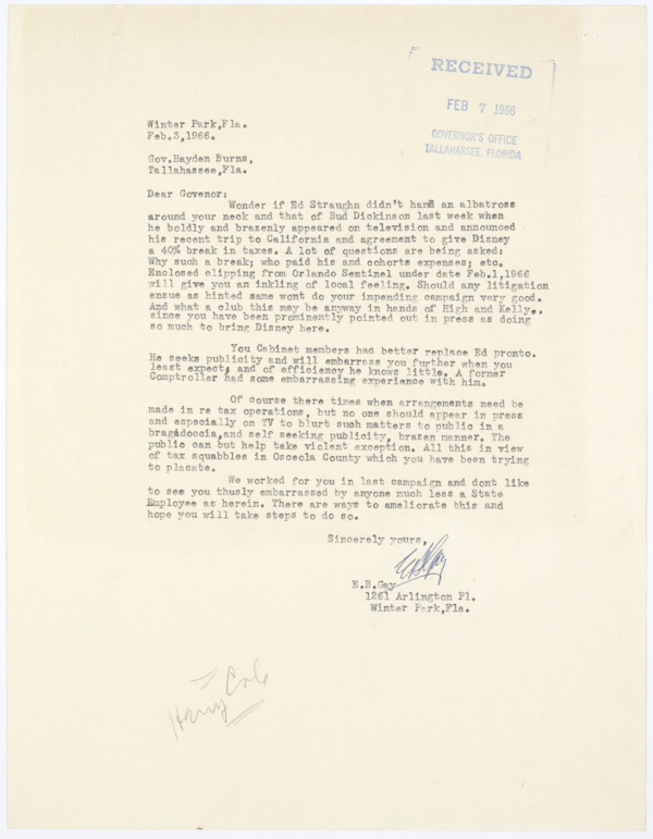 Correspondence Between E.B. Gay and Governor Haydon Burns Regarding Taxation for Walt Disney World, 1966