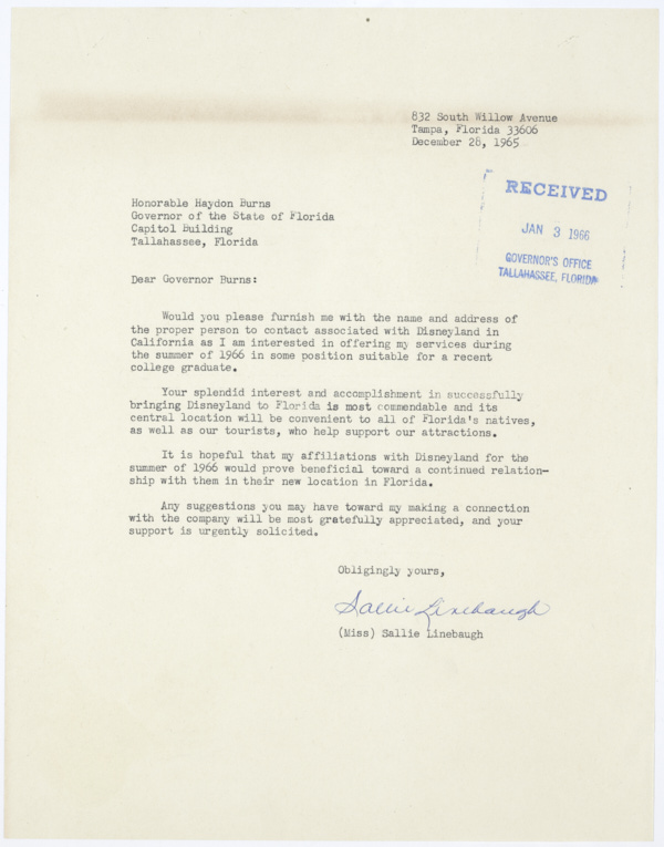 Letter from Sallie Linebaugh to Governor Haydon Burns Asking for Help Contacting Disney Officials, with Burns' Response, 1965