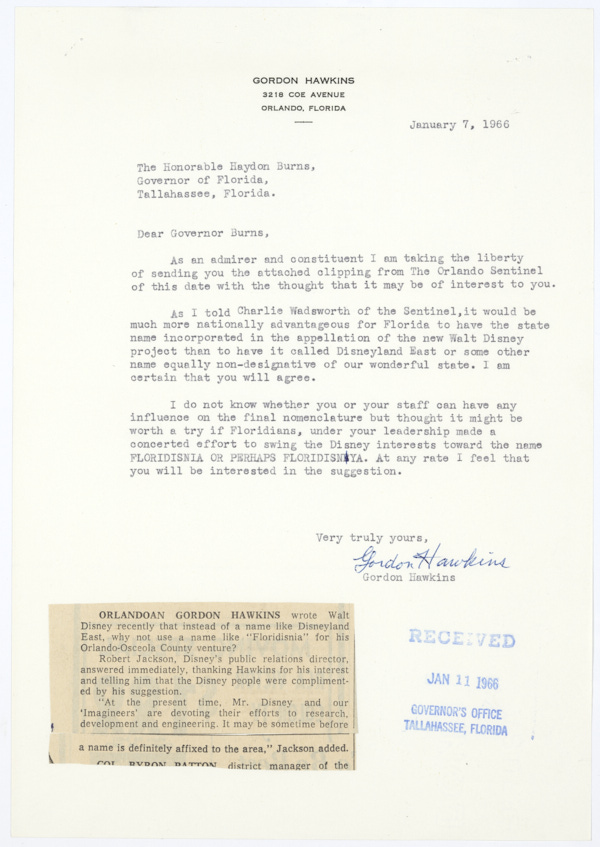 Letter to Governor Haydon Burns from Gordon Hawkins Suggesting a More Florida-Centric Name for Walt Disney World, January 7, 1966