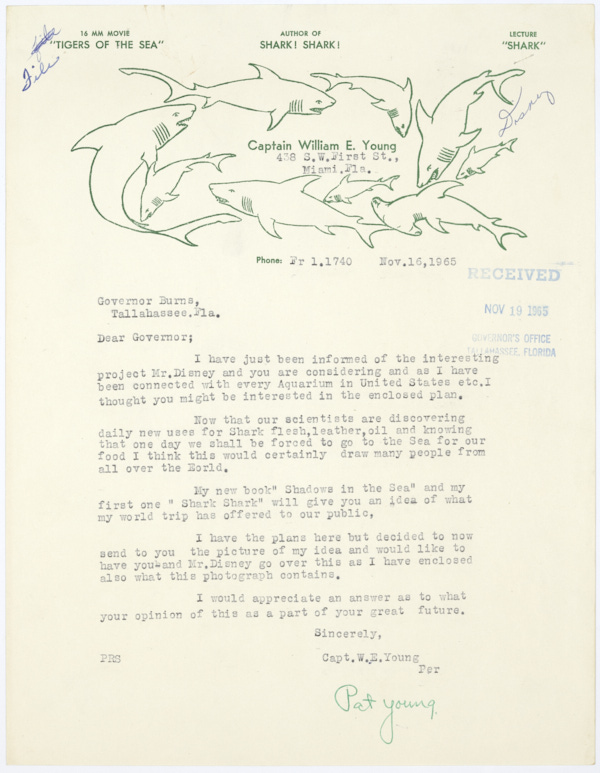 Letter to Governor Haydon Burns from Pat Young Regarding a Potential Attraction for Walt Disney World, November 16, 1965