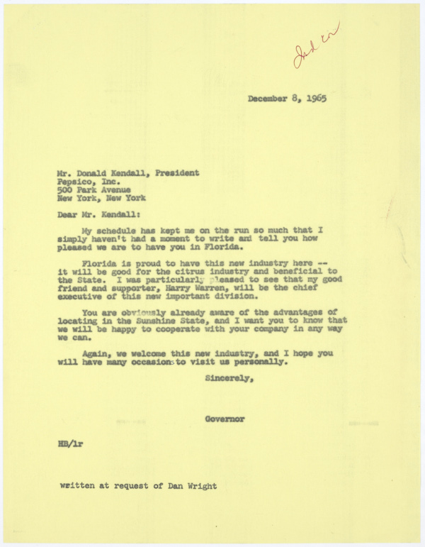 Correspondence Regarding the Location of a Branch of Pepsico in Florida, 1965-1966