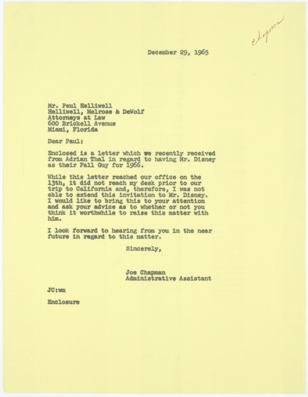 Correspondence Regarding Having Walt Disney Serve as the "Fall Guy" for the Saints and Sinners Club of Miami Beach, 1966