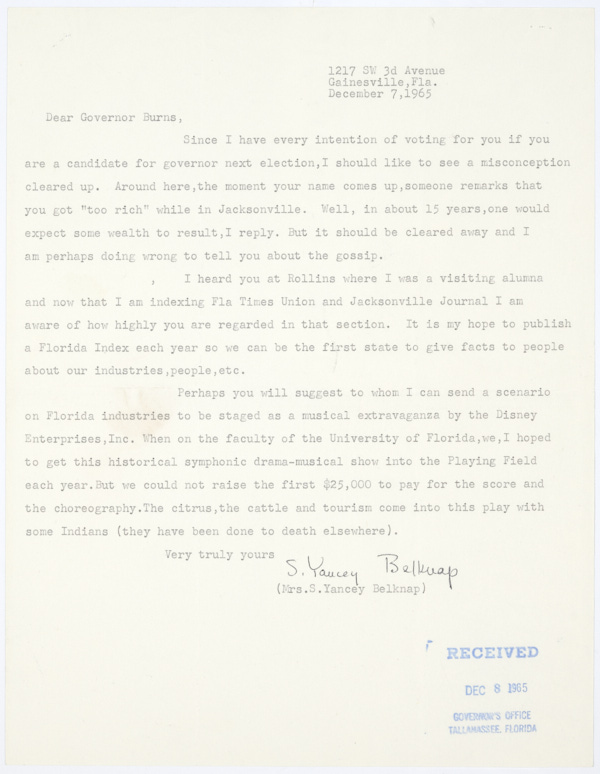 Letter from Mrs. S. Yancey Belknap to Governor Haydon Burns Pitching an Idea for a Musical Drama Involving Florida Industries, with Burns' Response, 1965