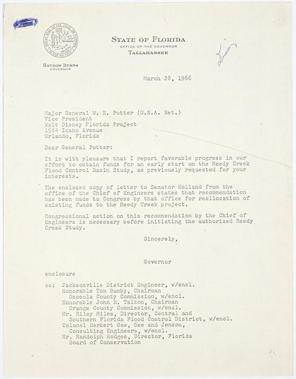 Letter from Governor Haydon Burns to General William Everett Potter Regarding a Study for the Reedy Creek Flood Control Basin, March 28, 1966