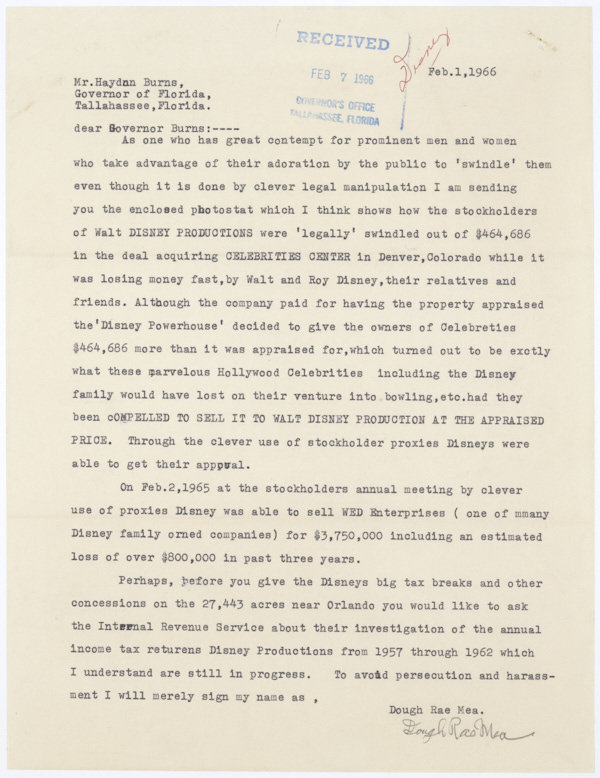 Anonymous Letter to Governor Haydon Burns Regarding Walt Disney Enterprises, 1966