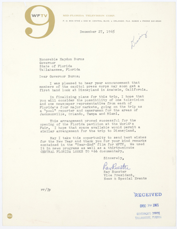 Letter to Governor Haydon Burns from WFTV Vice-President Ray Ruester Regarding an Upcoming Capitol Press Corps Trip to Anaheim, California, December 27, 1965