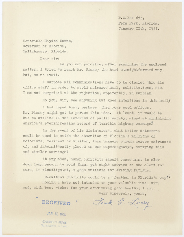 Letter from Frank G. Lucey to Governor Haydon Burns Regarding a Proposal for Walt Disney, January 11, 1966