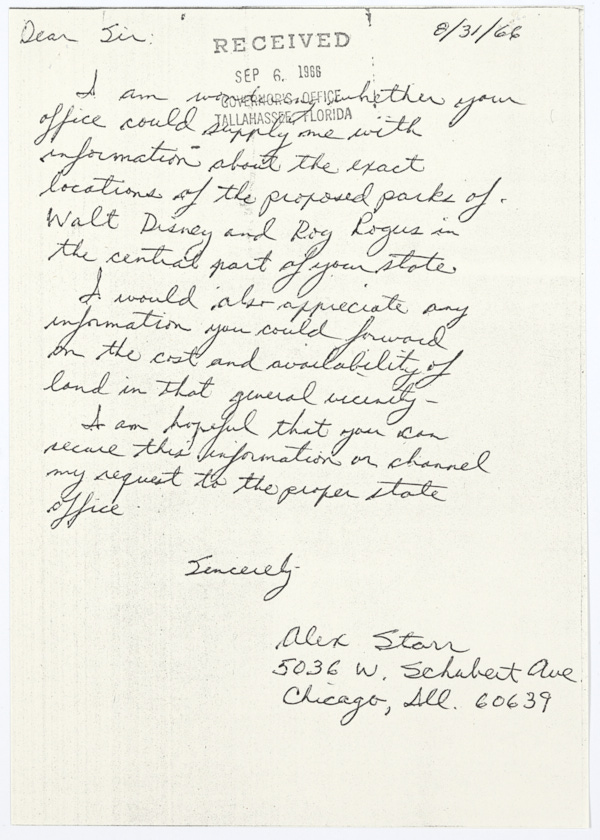 Letter from Alex Starr to Governor Haydon Burns Asking for Information About Land in the Vicinity of Walt Disney World, August 31, 1966