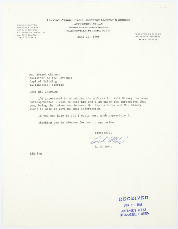 Letter from L.S. Mohr to Joe Chapman Asking for Walt Disney's Contact Information, June 22, 1966