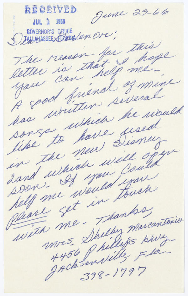 Letter from Shelby Marcantonio to Governor Haydon Burns Asking for Help Presenting Some Songs to Disney Officials, June 29, 1966