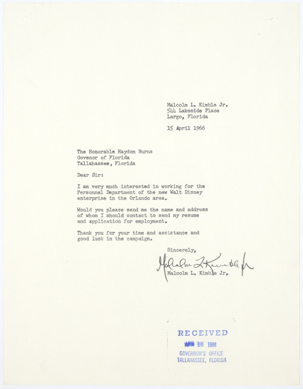 Letter from Malcolm L. Kimble, Jr. to Governor Haydon Burns Asking for Contact Information for Disney, April 15, 1966