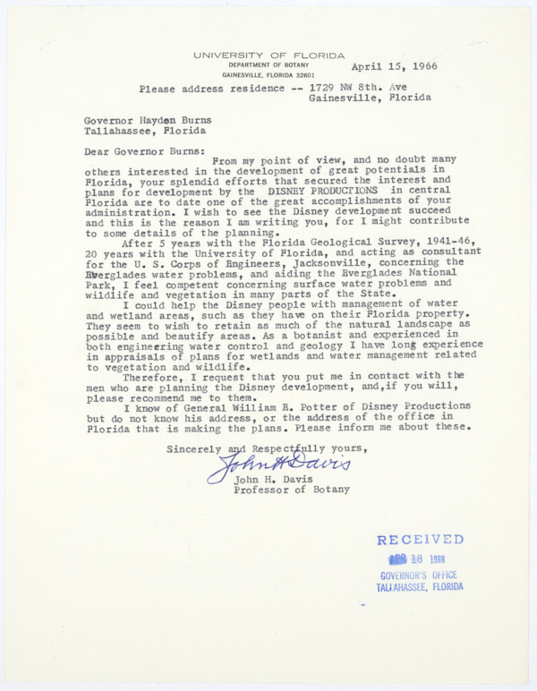 Letter from John H. Davis to Governor Haydon Burns Asking for Contact Information for Disney Officials, April 15, 1966