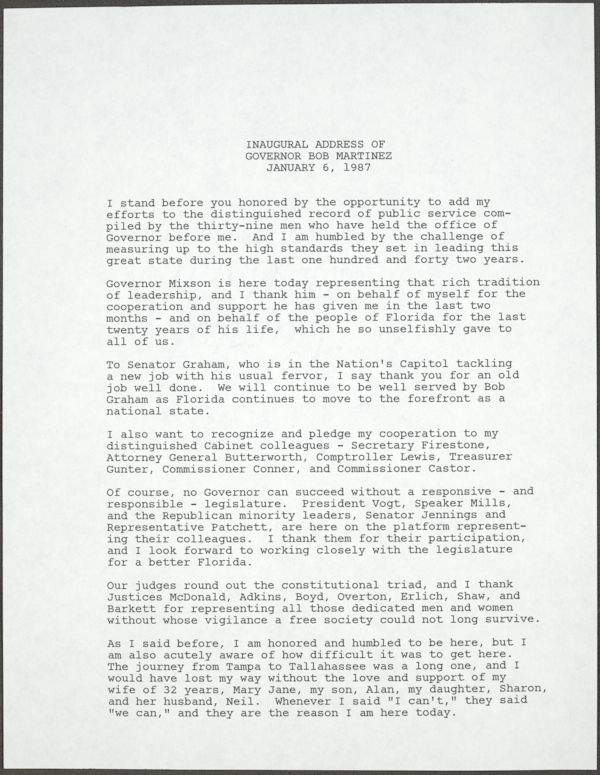 Governor Bob Martinez Inauguration Speech, 1987