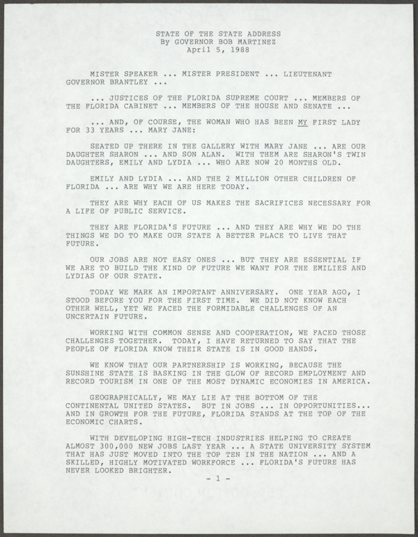 Governor Martinez's State of the State Address, 1988