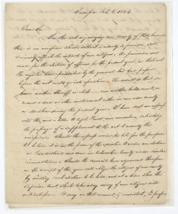 Letter from Augustus Steele to Governor William Pope Duval Regarding Elections in Newly Established Hillsborough County, February 8, 1834