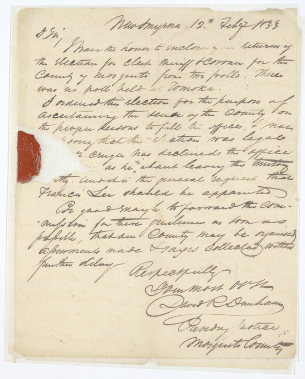 Letter from Mosquito County Justice David R. Dunham to Governor William Pope Duval Concerning Election Returns, February 12, 1833