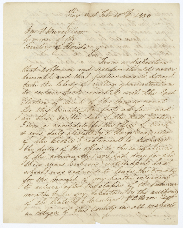 Letter from Joel Yancey, Jr. of Key West to Governor William Pope Duval Regarding the Office of Monroe County Clerk, February 10, 1833