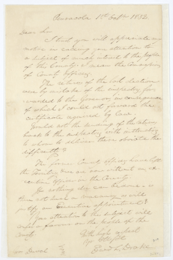 Letter from Edward L. Drake to Governor William Pope Duval Concerning Officers in Escambia County, October 1, 1832