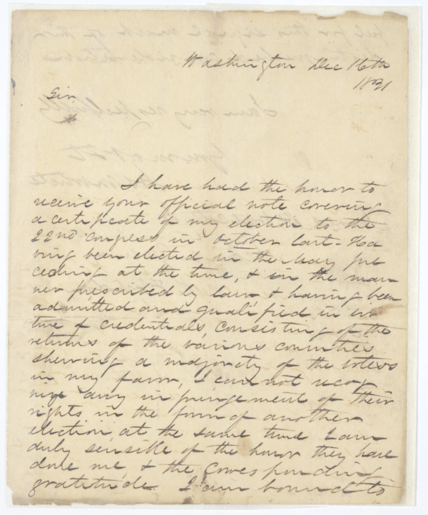 Letter from Congressional Delegate Joseph M. White to Acting Governor James D. Westcott, Jr. Concerning White's Recent Election, December 16, 1831