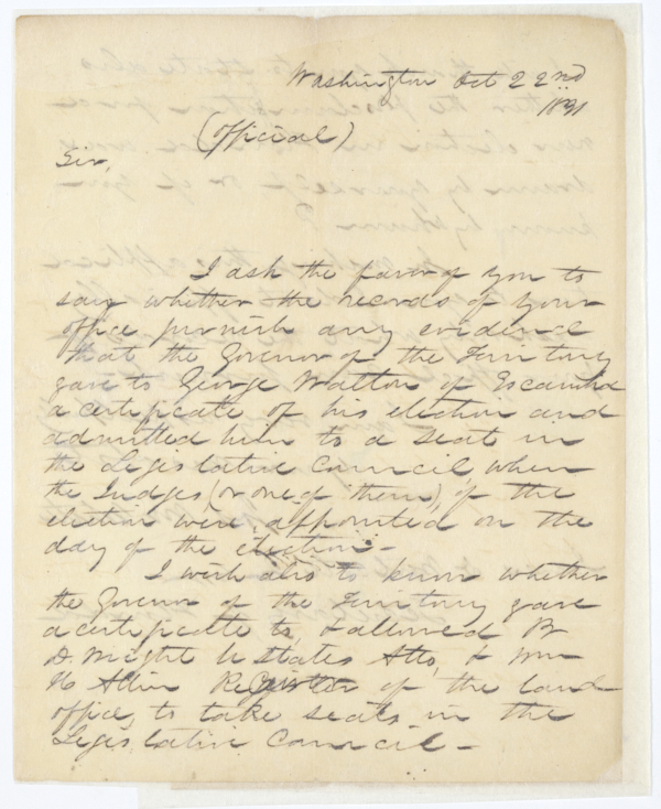 Letter from Territorial Delegate to Congress Joseph M. White to Territorial Secretary James D. Wescott, Jr. Regarding a Recent Election, October 22, 1831