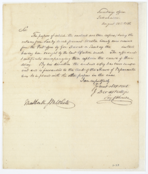 Letter from Territorial Secretary James D. Westcott, Jr. to Territorial Delegate Joseph M. White Regarding Returns from a Recent Election, August 13, 1831