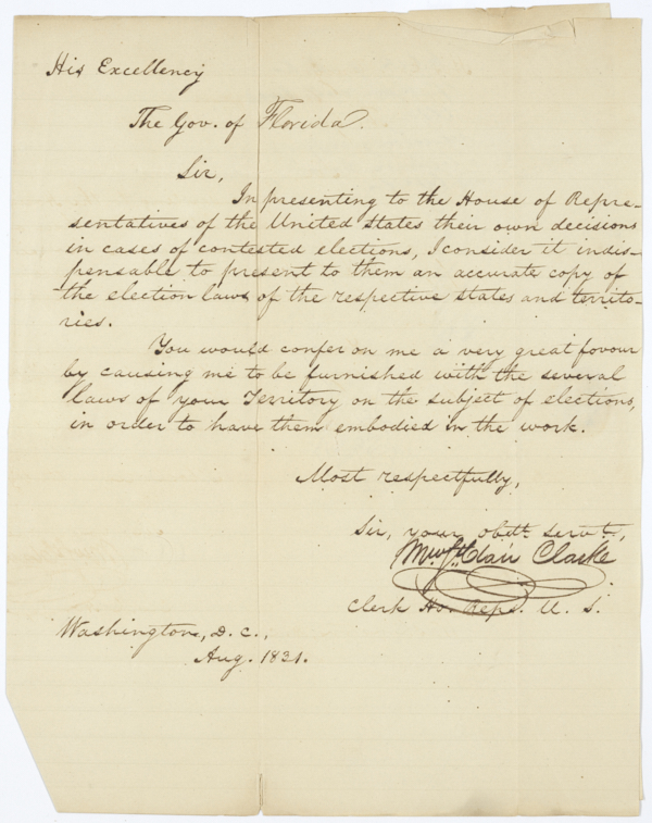 Letter from Matthew St. Clair Clarke to Governor William Pope Duval Regarding Election laws in Florida, August 1831