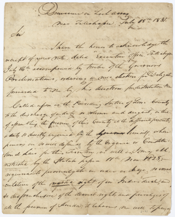 Letter from Judge David Betton Macomb to Territorial Secretary James D. Westcott, Jr., Refusing to Comply with a Call for a New Election for Territorial Delegate, July 18, 1831