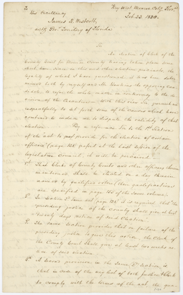 Letter from Joel Yancey, Jr. of Key West to Acting Governor James D. Westcott, Jr. Regarding a Recent Election, February 23, 1830