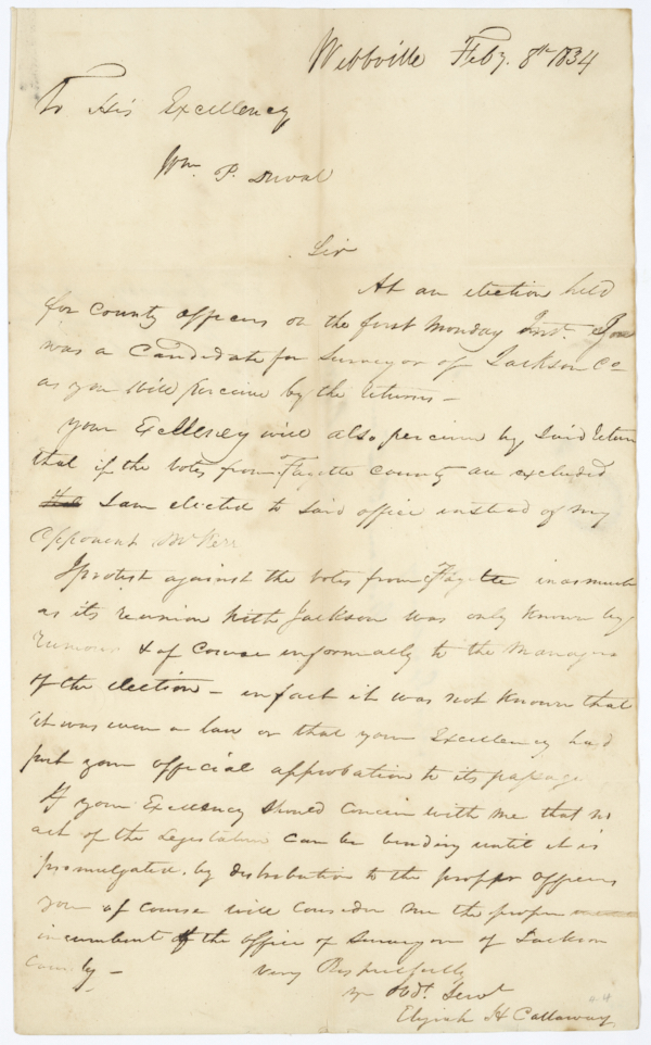 Letter from Elijah H. Callaway of Webbville to Governor William Pope Duval Regarding an Election, February 8, 1834