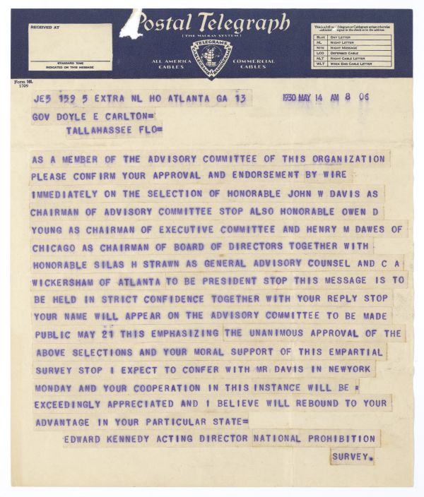 Telegram Correspondence Between Edward Kennedy and Governor Doyle Carlton Regarding the National Prohibition Survey, 1930