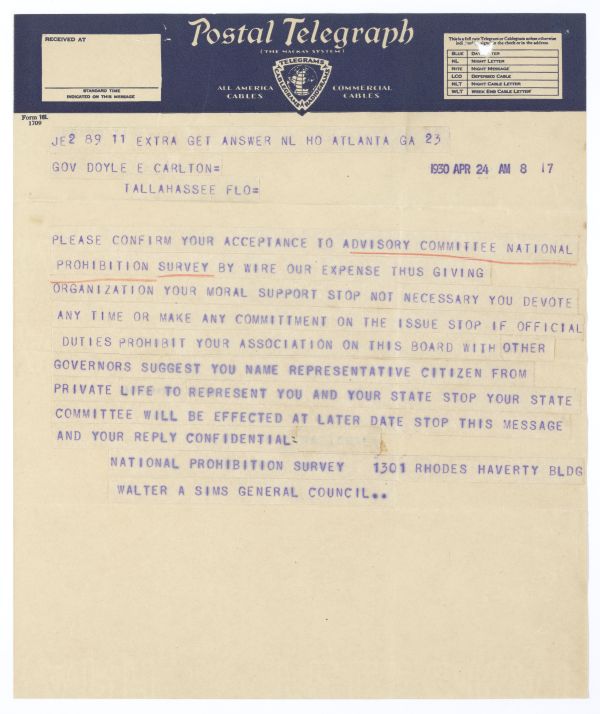 Telegram from Walter A. Sims to Governor Doyle Carlton Asking the Governor to Be on the Advisory Committee for the National Prohibition Survey, April 24, 1930