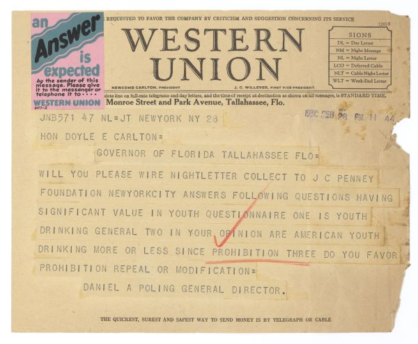 Telegram from Daniel A. Poling to Governor Doyle Carlton Regarding Prohibition, February 28, 1930