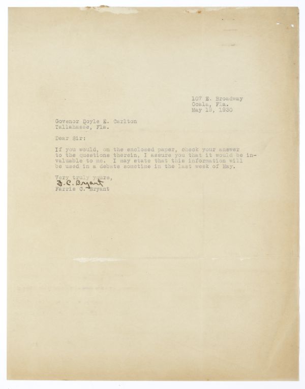 Letter from Farris Bryant to Governor Doyle Carlton Asking the Governor's Opinion on Prohibition, 1930