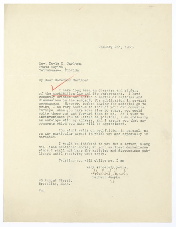 Letter from Herbert Jacobs of Brookline, Massachusetts to Governor Doyle Carlton Regarding Prohibition, January 2, 1930