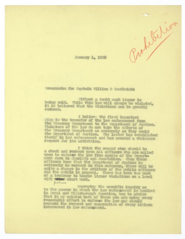 Memorandum from Governor Doyle Carlton for Captain William D. Southwick, January 1, 1930