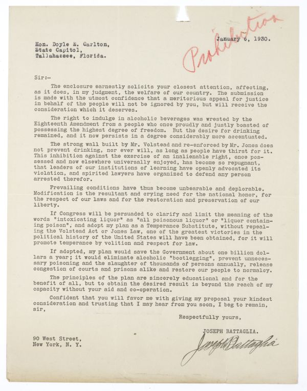 Letter from Joseph Battaglia to Governor Doyle Carlton Regarding Prohibition,January 6, 1930