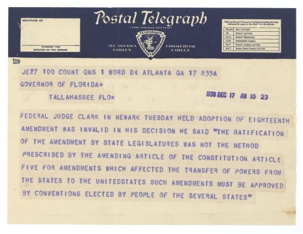 Telegram Correspondence Between Atlanta Georgian and Governor Doyle Carlton Regarding Legality of the 18th Amendment, 1930