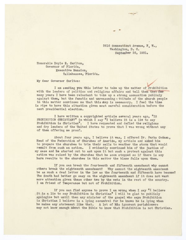 Letter from Herbert L. Adams to Governor Doyle Carlton Regarding Prohibition, September 26, 1931