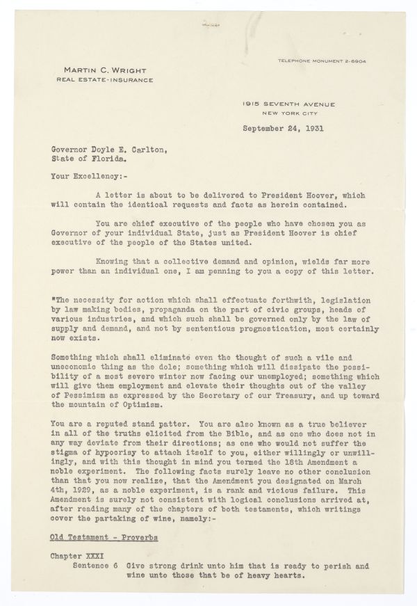 Letter from Martin C. Wright to Governor Doyle Carlton Regarding Prohibition, September 24, 1931