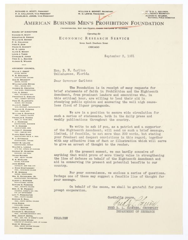 Letter from Fred D.L. Squires of the American Business Men's Prohibition Foundation to Governor Doyle Carlton Regarding Prohibition, September 3, 1931