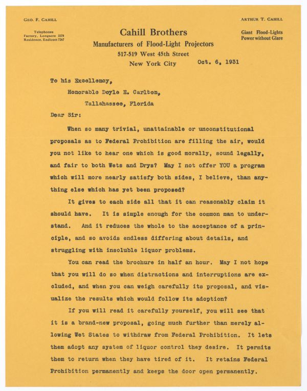 Letter from George F. Cahill to Governor Doyle Carlton Proposing a New Plan for Prohibition, October 6, 1931