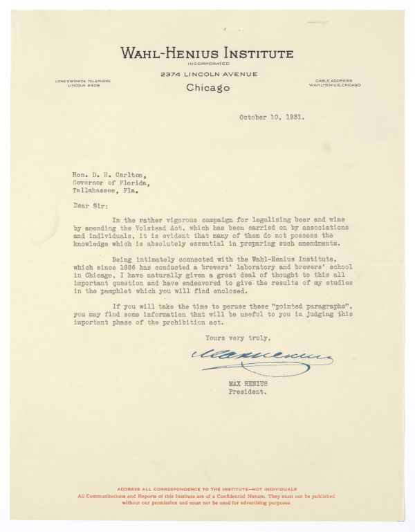 Correspondence Between Max Henius of the Wahl-Henius Institute in Chicago and Governor Doyle Carlton Regarding Prohibition, 1931