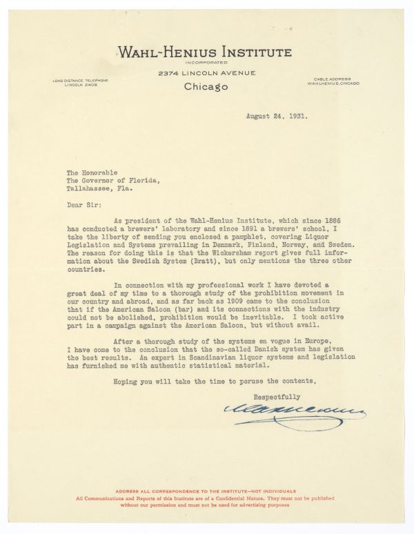 Correspondence Between Max Henius of the Wahl-Henius Institute in Chicago and Governor Doyle Carlton Regarding Prohibition, 1931