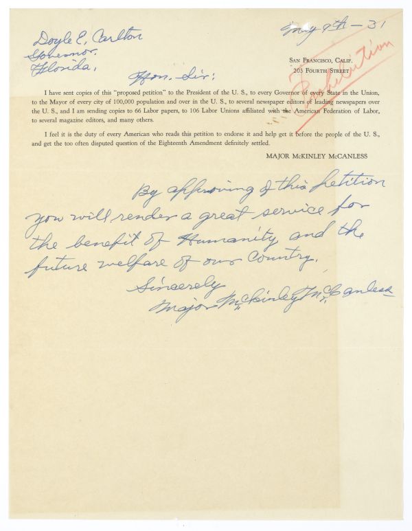 Copy of a Proposed Petition for an Amendment to the United States Constitution Sent to Governor Doyle Carlton by Major McKinley McCanless, May 9, 1931