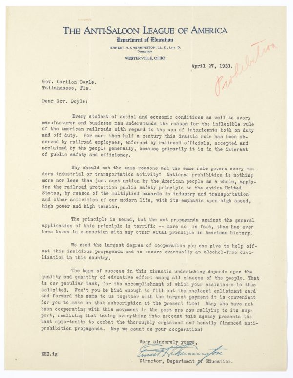 Letter from Ernest H. Cherrington of the Anti-Saloon League of America to Governor Doyle Carlton Regarding Prohibition, April 27, 1931