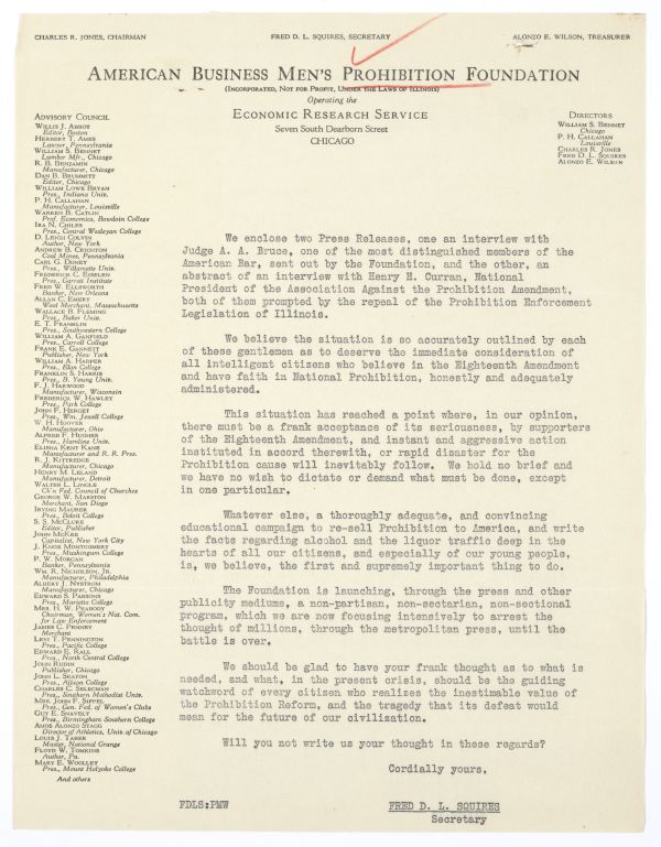 Letter from Fred D.L. Squires of the American Business Men's Prohibition Foundation to Governor Doyle Carlton Regarding Prohibition, 1931