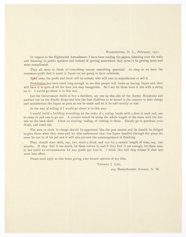 Letter from Thomas J. Lee of Washington, D.C. to Governor Doyle Carlton Regarding Prohibition, February 1931